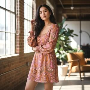 BCBGeneration New Womens Paisley Mini Babydoll Dress Pink Orange 8 Fairy Cottage